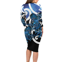 Piwakawaka New Zealand Matariki Family Matching Long Sleeve Bodycon Dress and Hawaiian Shirt Maori New Year Silver Fern Blue Galaxy