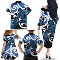 Piwakawaka New Zealand Matariki Family Matching Off The Shoulder Long Sleeve Dress and Hawaiian Shirt Maori New Year Silver Fern Blue Galaxy LT14 - Polynesian Pride