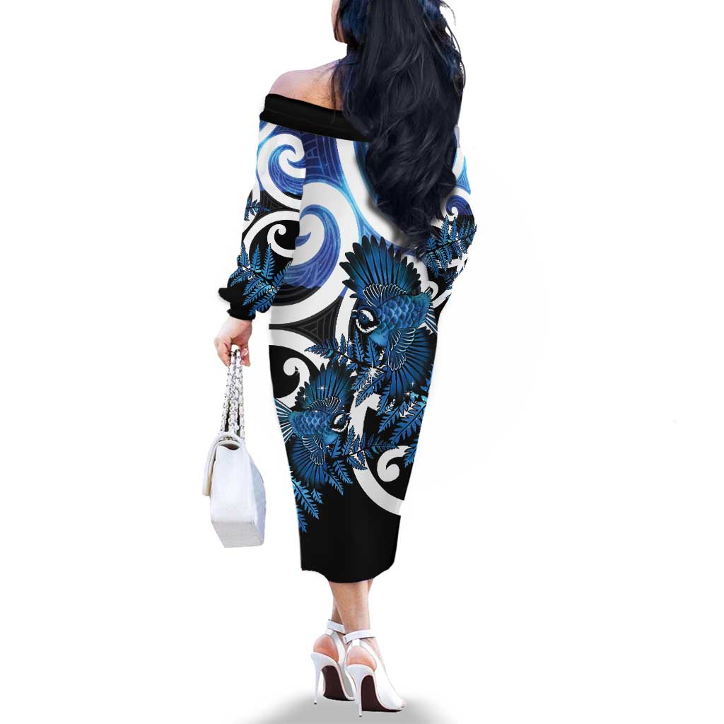 Piwakawaka New Zealand Matariki Family Matching Off The Shoulder Long Sleeve Dress and Hawaiian Shirt Maori New Year Silver Fern Blue Galaxy LT14 - Polynesian Pride