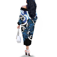 Piwakawaka New Zealand Matariki Family Matching Off The Shoulder Long Sleeve Dress and Hawaiian Shirt Maori New Year Silver Fern Blue Galaxy LT14 - Polynesian Pride