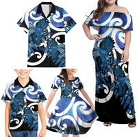 Piwakawaka New Zealand Matariki Family Matching Off Shoulder Maxi Dress and Hawaiian Shirt Maori New Year Silver Fern Blue Galaxy