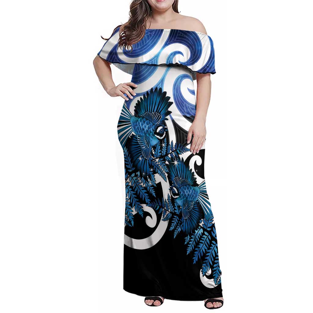 Piwakawaka New Zealand Matariki Family Matching Off Shoulder Maxi Dress and Hawaiian Shirt Maori New Year Silver Fern Blue Galaxy