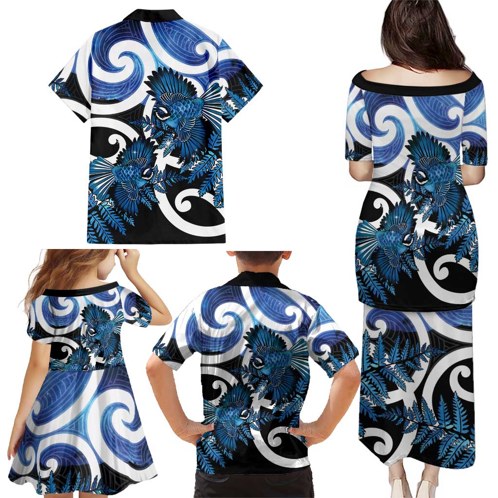 Piwakawaka New Zealand Matariki Family Matching Puletasi and Hawaiian Shirt Maori New Year Silver Fern Blue Galaxy