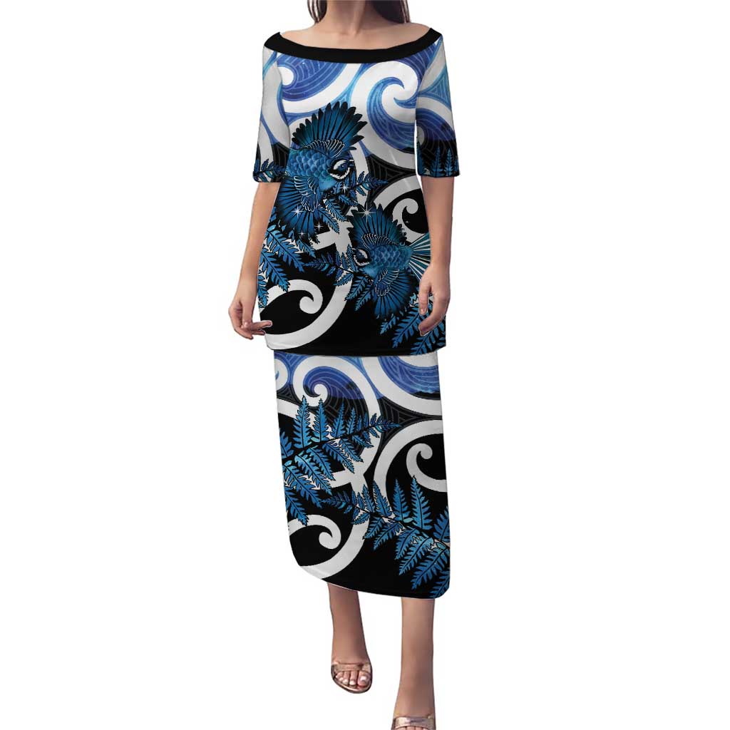 Piwakawaka New Zealand Matariki Family Matching Puletasi and Hawaiian Shirt Maori New Year Silver Fern Blue Galaxy