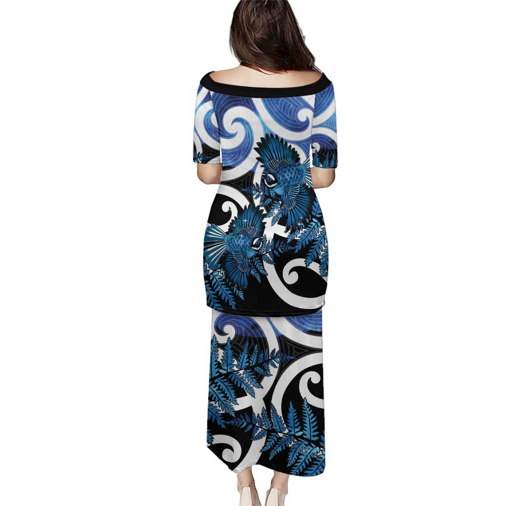 Piwakawaka New Zealand Matariki Family Matching Puletasi and Hawaiian Shirt Maori New Year Silver Fern Blue Galaxy
