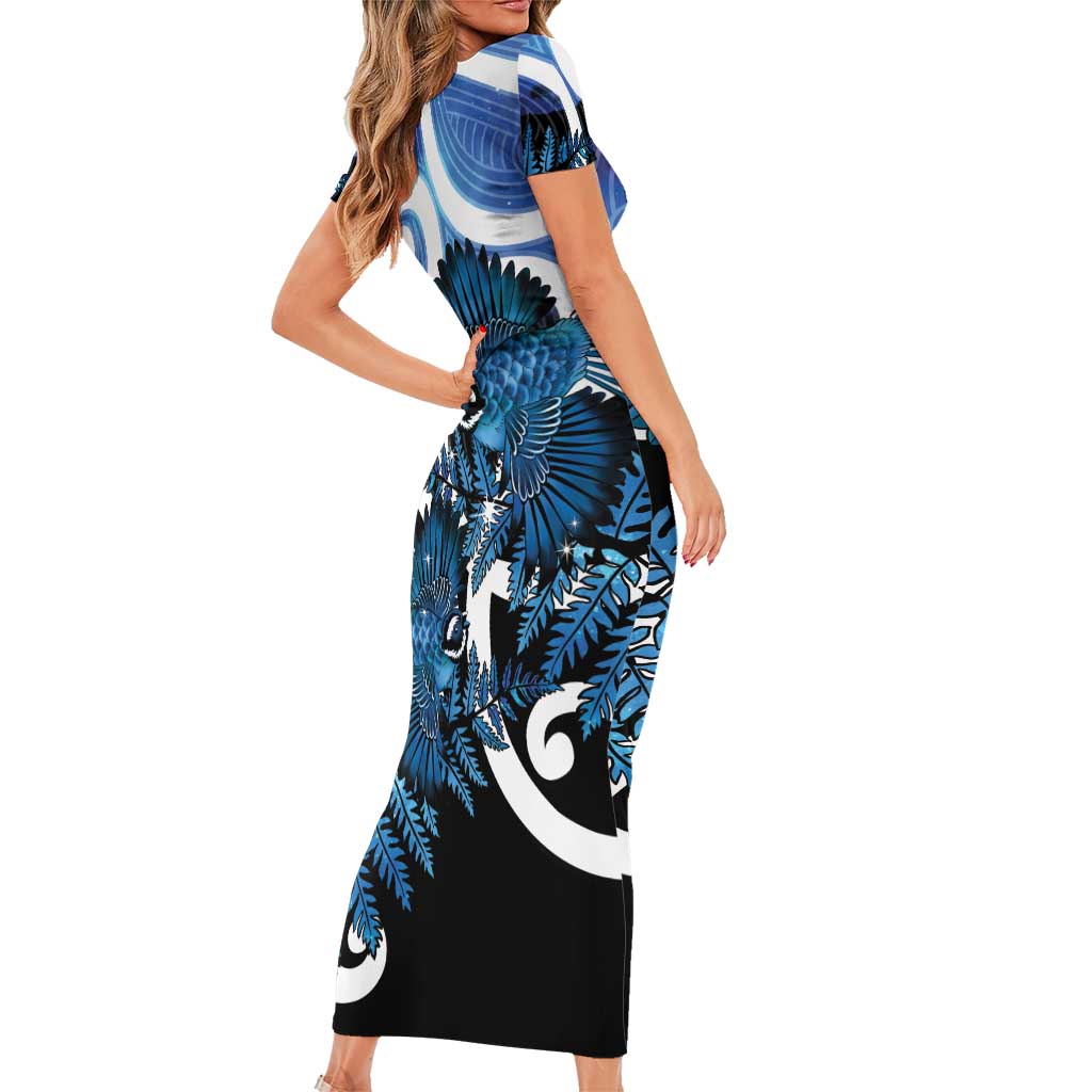 Piwakawaka New Zealand Matariki Family Matching Short Sleeve Bodycon Dress and Hawaiian Shirt Maori New Year Silver Fern Blue Galaxy