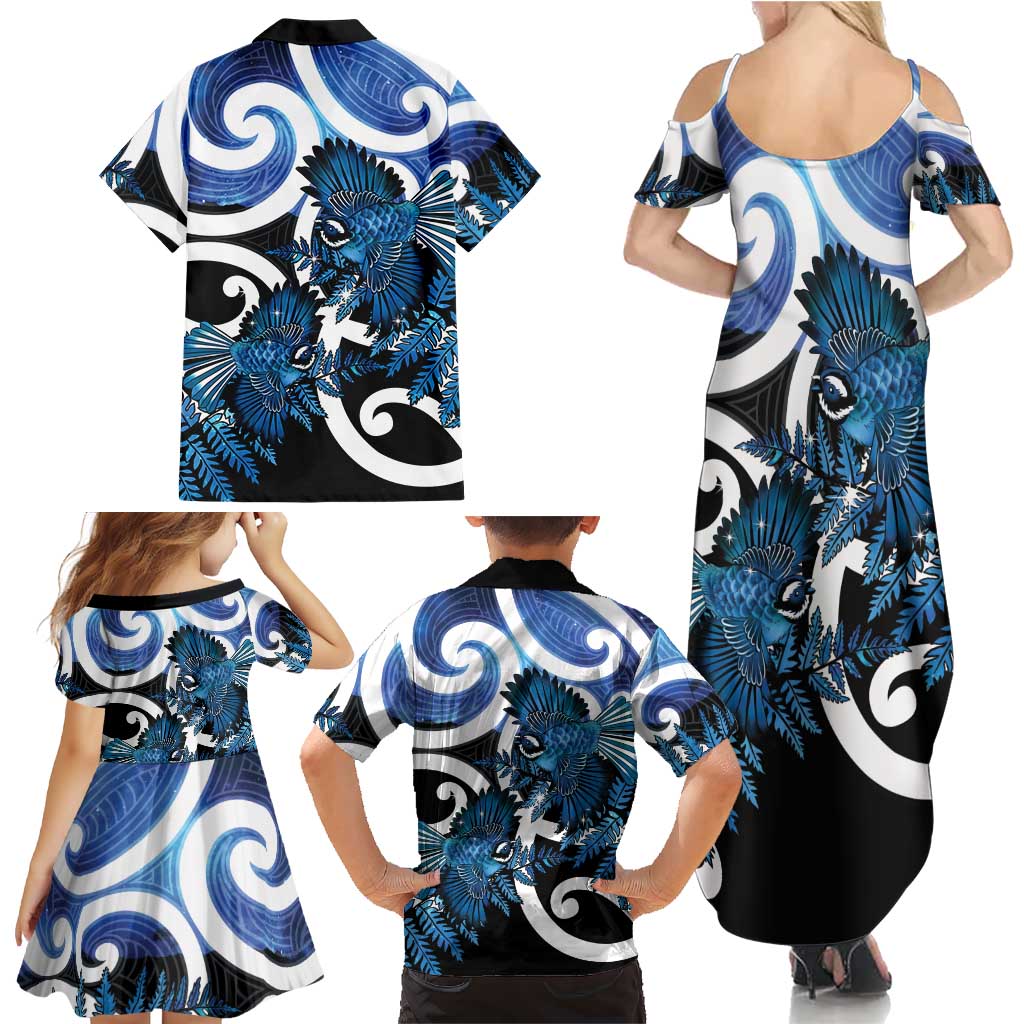 Piwakawaka New Zealand Matariki Family Matching Summer Maxi Dress and Hawaiian Shirt Maori New Year Silver Fern Blue Galaxy LT14 - Polynesian Pride