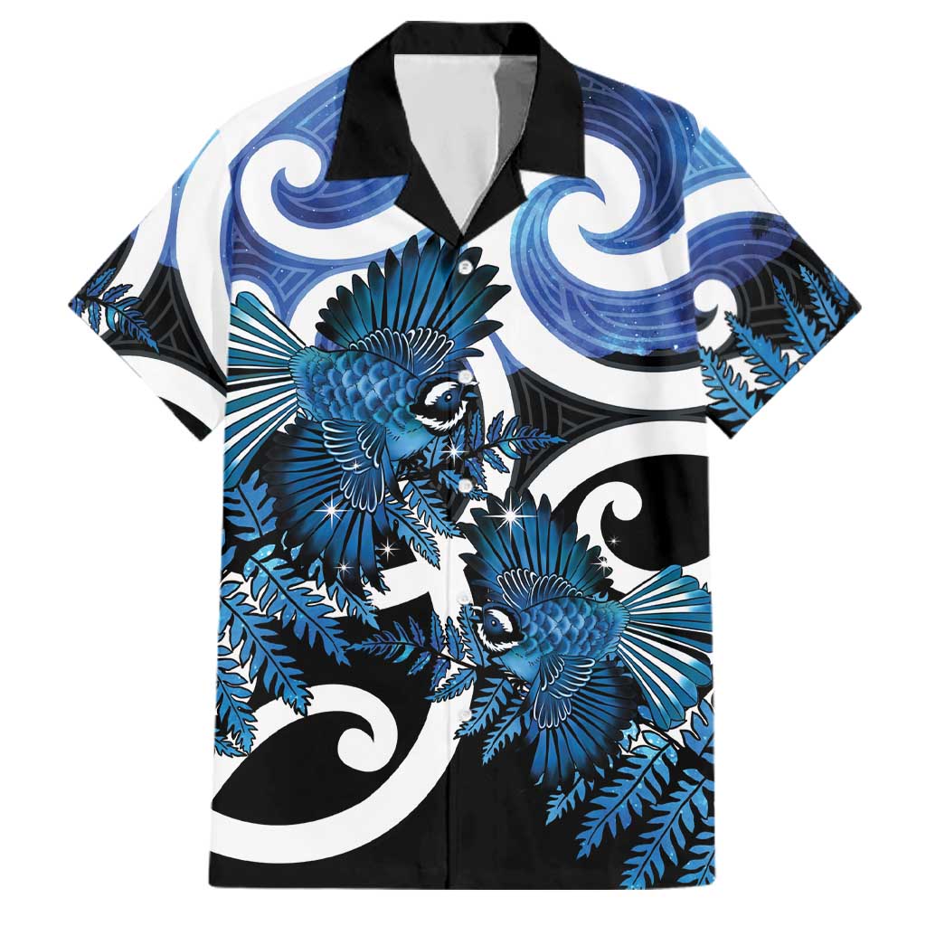 Piwakawaka New Zealand Matariki Family Matching Summer Maxi Dress and Hawaiian Shirt Maori New Year Silver Fern Blue Galaxy LT14 Dad's Shirt - Short Sleeve Blue - Polynesian Pride