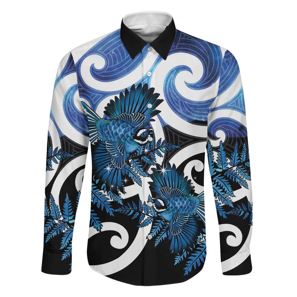 Piwakawaka New Zealand Matariki Family Matching Summer Maxi Dress and Hawaiian Shirt Maori New Year Silver Fern Blue Galaxy LT14 Dad's Shirt - Long Sleeve Blue - Polynesian Pride