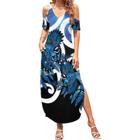 Piwakawaka New Zealand Matariki Family Matching Summer Maxi Dress and Hawaiian Shirt Maori New Year Silver Fern Blue Galaxy LT14 Mom's Dress Blue - Polynesian Pride