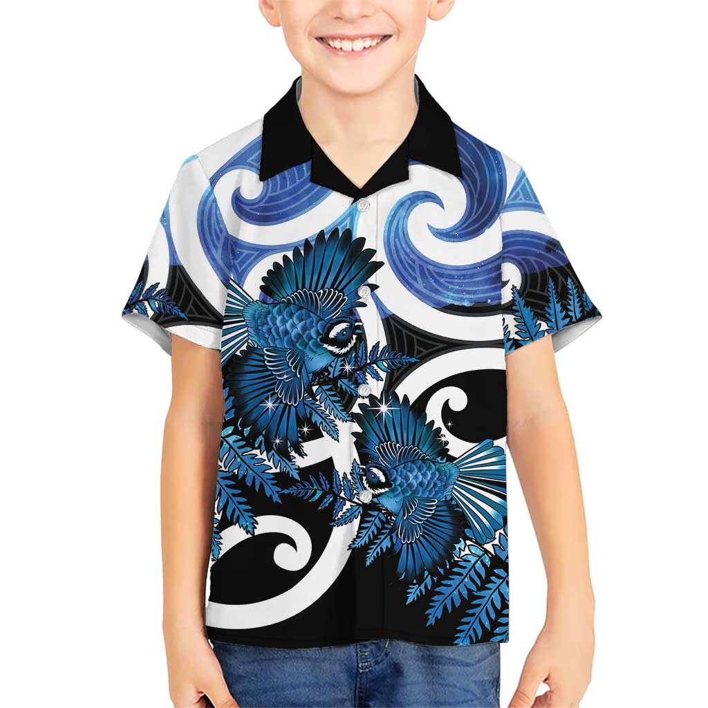 Piwakawaka New Zealand Matariki Family Matching Summer Maxi Dress and Hawaiian Shirt Maori New Year Silver Fern Blue Galaxy LT14 Son's Shirt Blue - Polynesian Pride