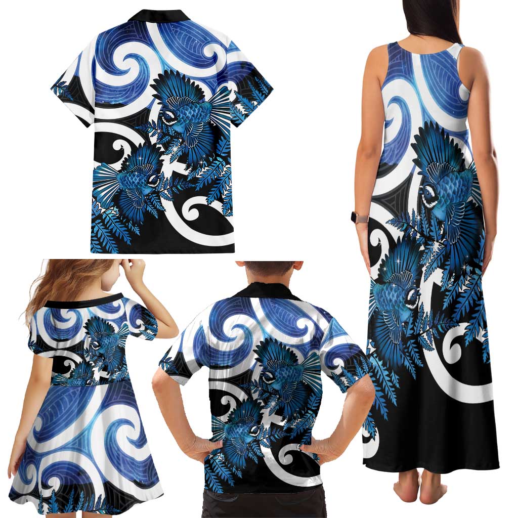 Piwakawaka New Zealand Matariki Family Matching Tank Maxi Dress and Hawaiian Shirt Maori New Year Silver Fern Blue Galaxy