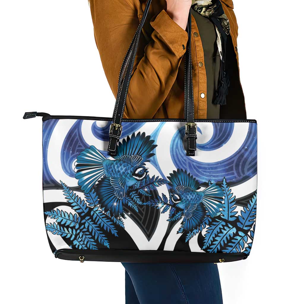 Piwakawaka New Zealand Matariki Leather Tote Bag Maori New Year Silver Fern Blue Galaxy