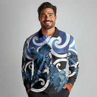 Piwakawaka New Zealand Matariki Long Sleeve Polo Shirt Maori New Year Silver Fern Blue Galaxy