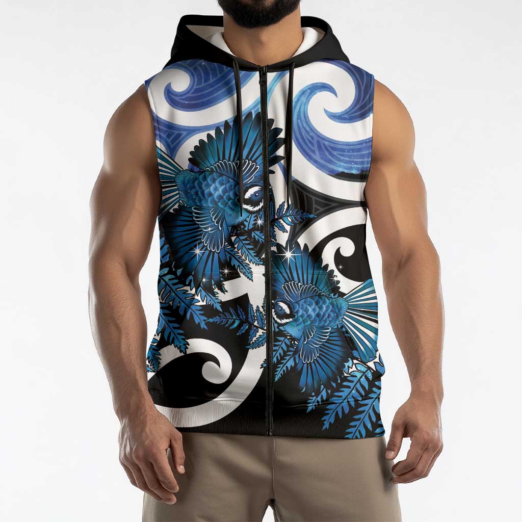 Piwakawaka New Zealand Matariki Sleeveless Zip Hoodie Maori New Year Silver Fern Blue Galaxy