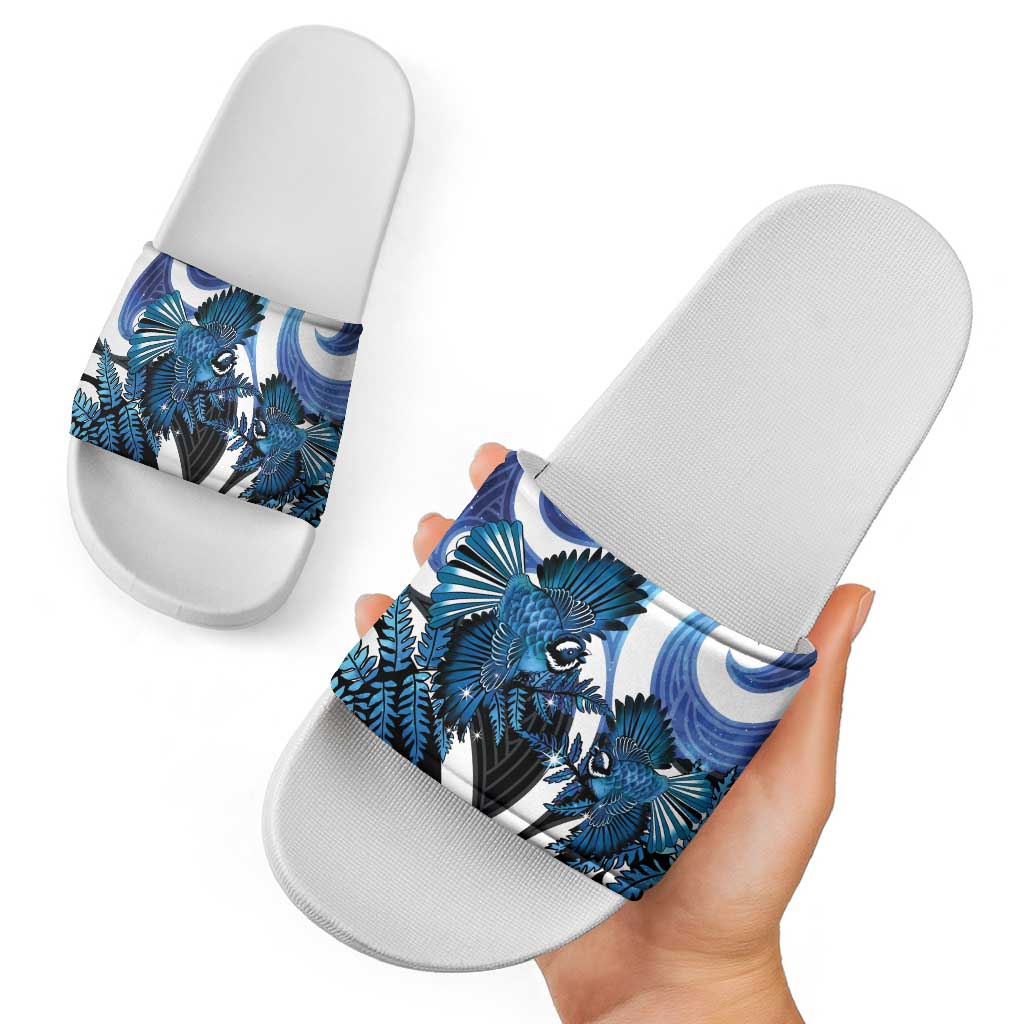 Piwakawaka New Zealand Matariki Slide Sandals Maori New Year Silver Fern Blue Galaxy