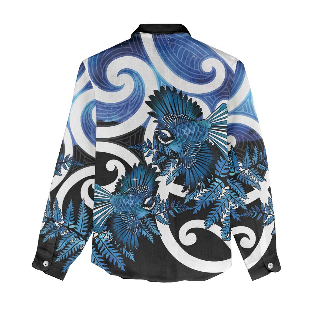 Piwakawaka New Zealand Matariki Women Casual Shirt Maori New Year Silver Fern Blue Galaxy