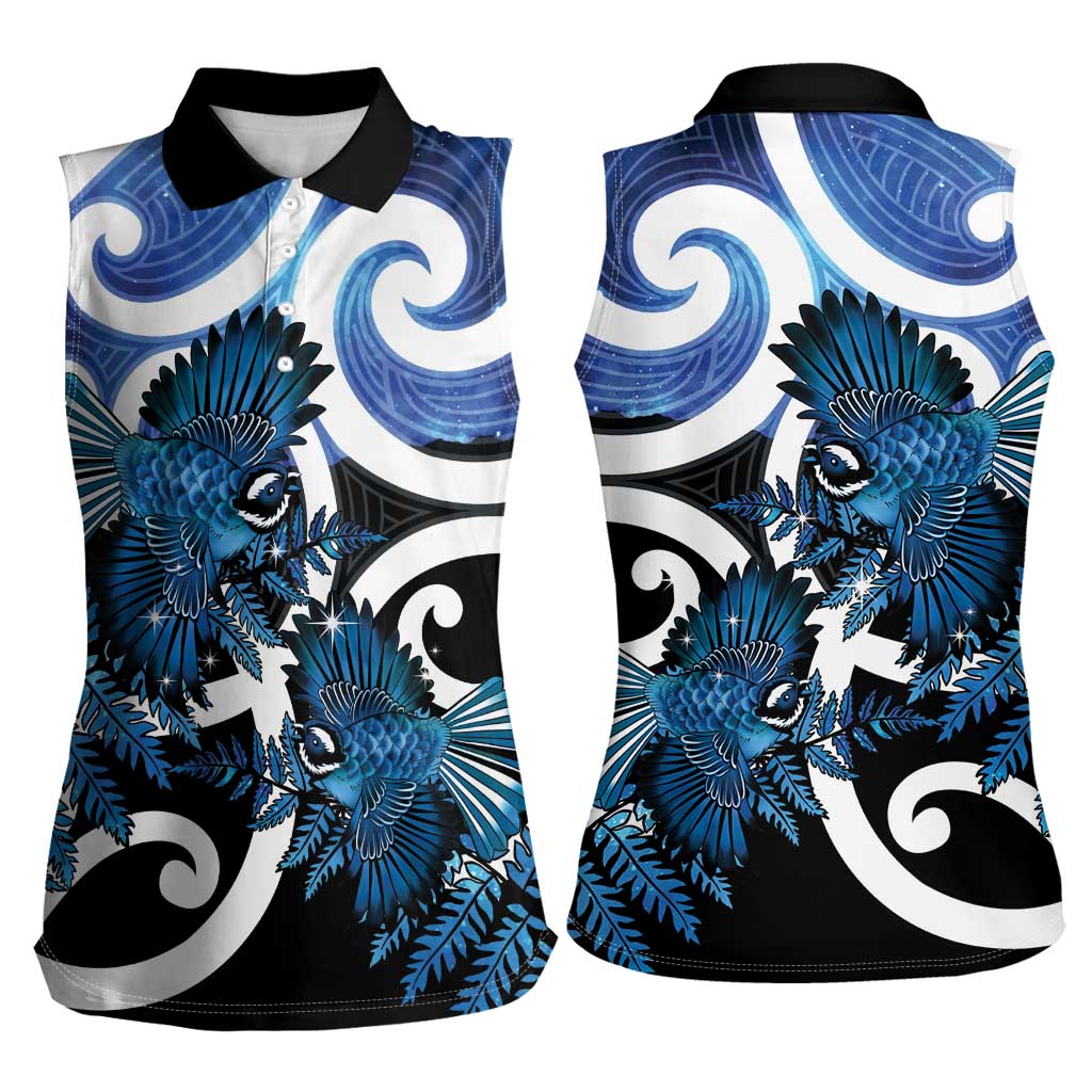 Piwakawaka New Zealand Matariki Women Sleeveless Polo Shirt Maori New Year Silver Fern Blue Galaxy