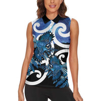Piwakawaka New Zealand Matariki Women Sleeveless Polo Shirt Maori New Year Silver Fern Blue Galaxy