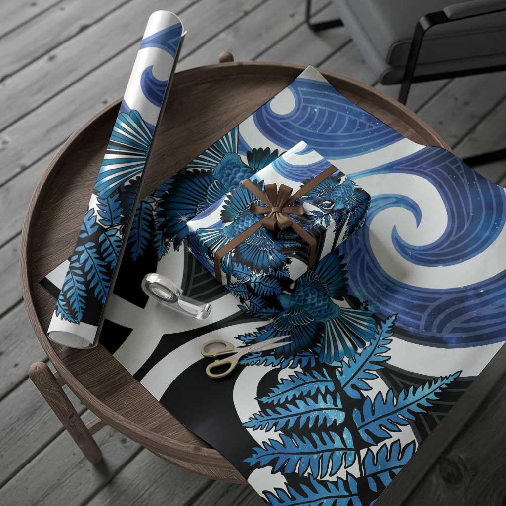 Piwakawaka New Zealand Matariki Wrapping Paper Maori New Year Silver Fern Blue Galaxy