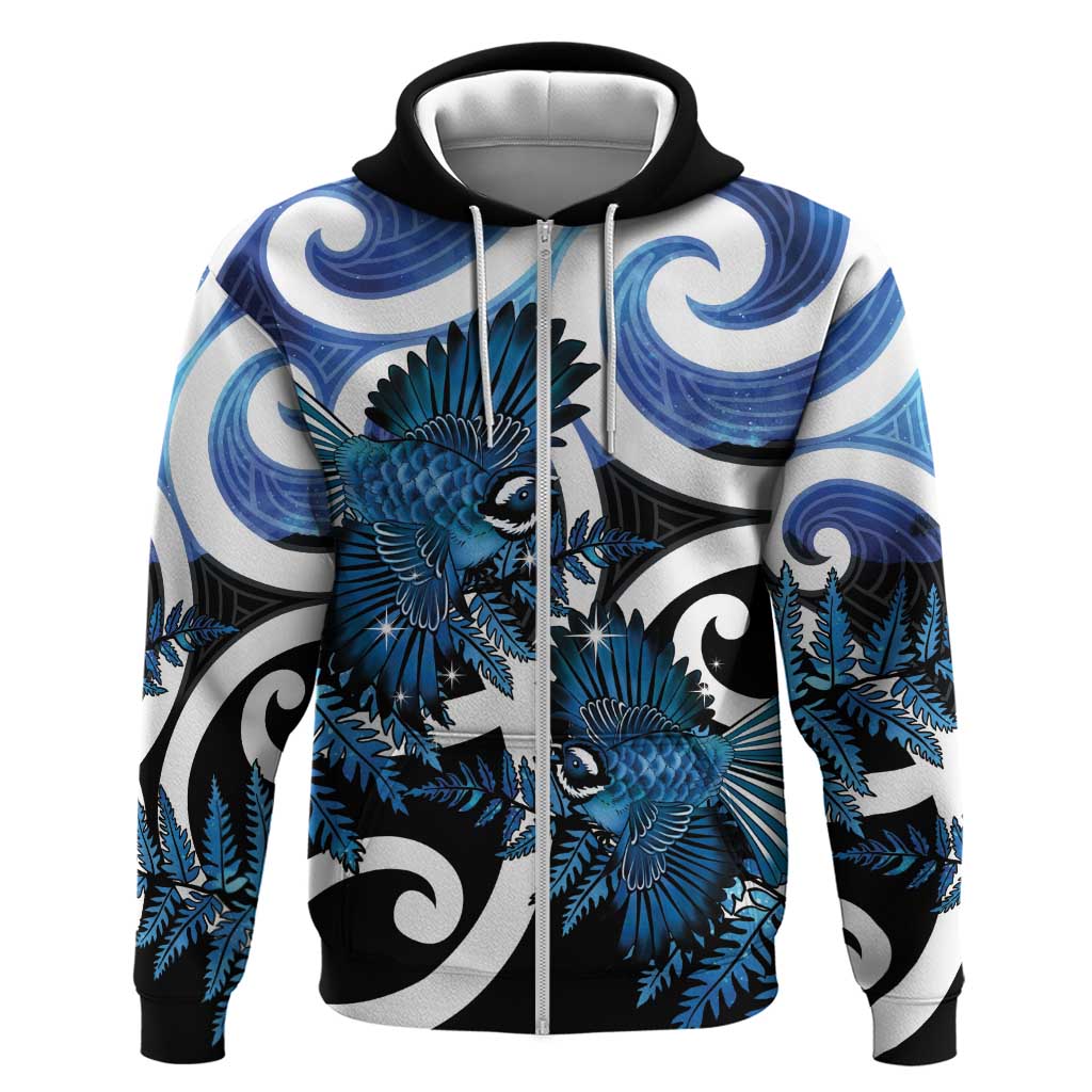 Piwakawaka New Zealand Matariki Zip Hoodie Maori New Year Silver Fern Blue Galaxy