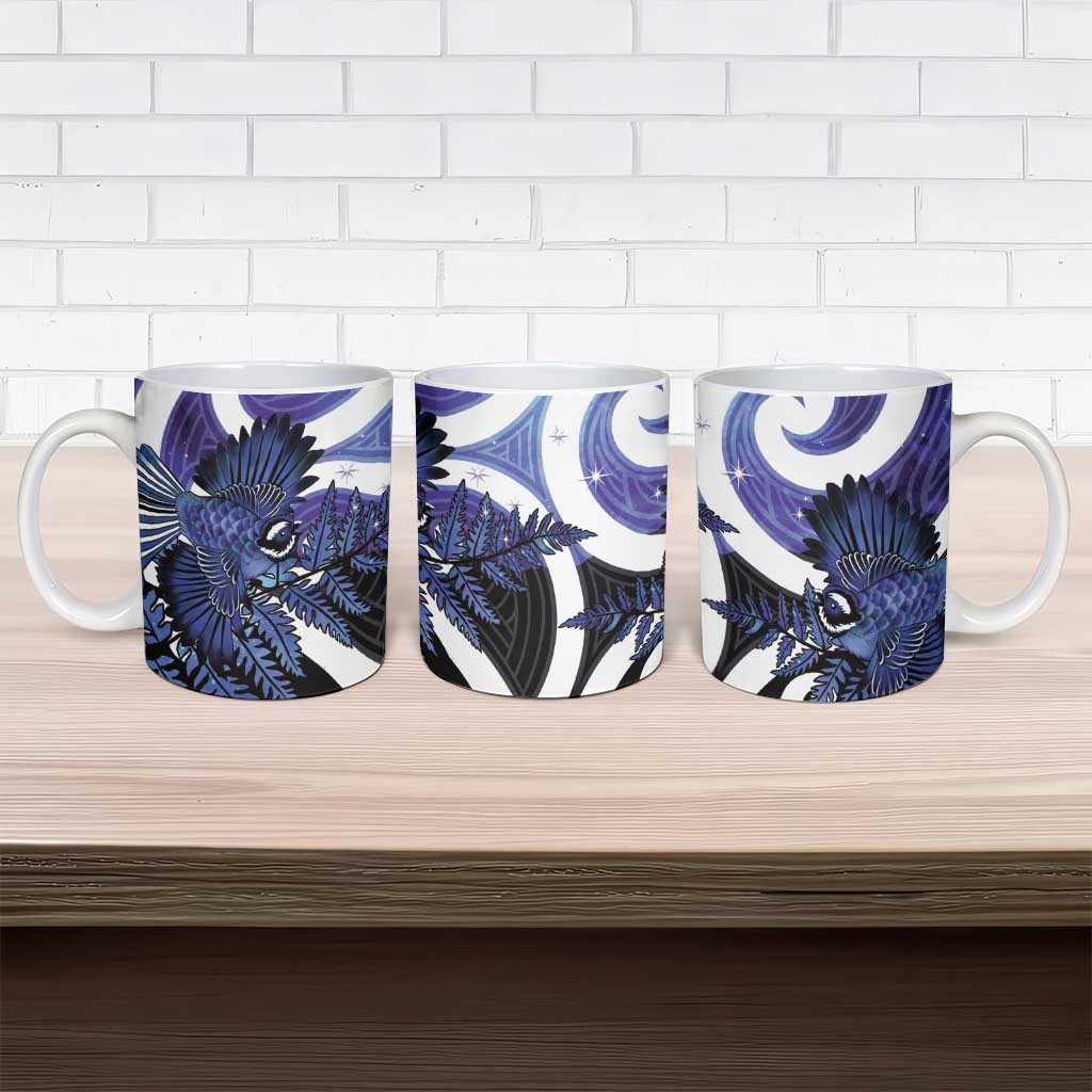 Piwakawaka New Zealand Matariki Ceramic Mug Maori New Year Silver Fern Purple Galaxy