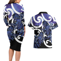Piwakawaka New Zealand Matariki Couples Matching Long Sleeve Bodycon Dress and Hawaiian Shirt Maori New Year Silver Fern Purple Galaxy