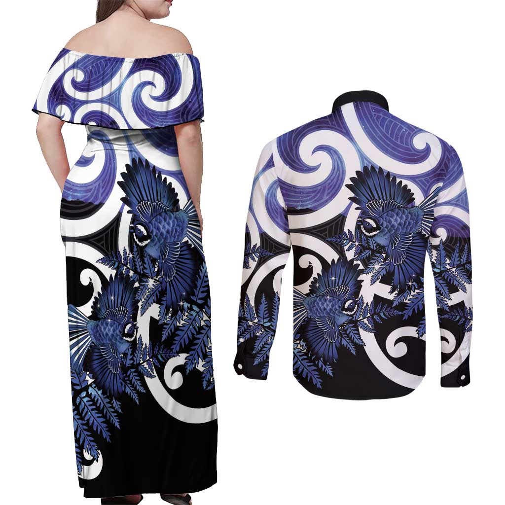 Piwakawaka New Zealand Matariki Couples Matching Off Shoulder Maxi Dress and Long Sleeve Button Shirt Maori New Year Silver Fern Purple Galaxy