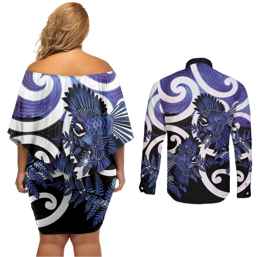 Piwakawaka New Zealand Matariki Couples Matching Off Shoulder Short Dress and Long Sleeve Button Shirt Maori New Year Silver Fern Purple Galaxy