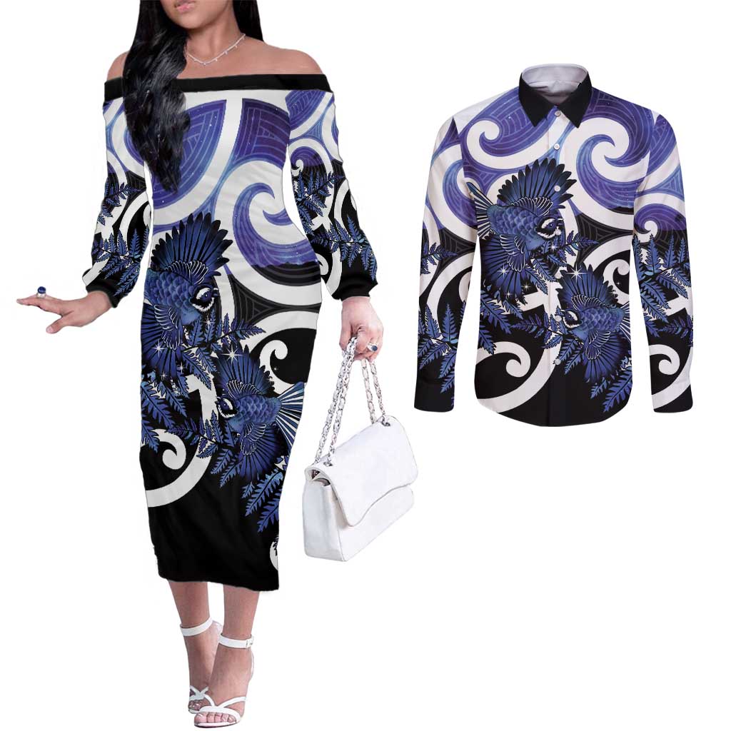 Piwakawaka New Zealand Matariki Couples Matching Off The Shoulder Long Sleeve Dress and Long Sleeve Button Shirt Maori New Year Silver Fern Purple Galaxy