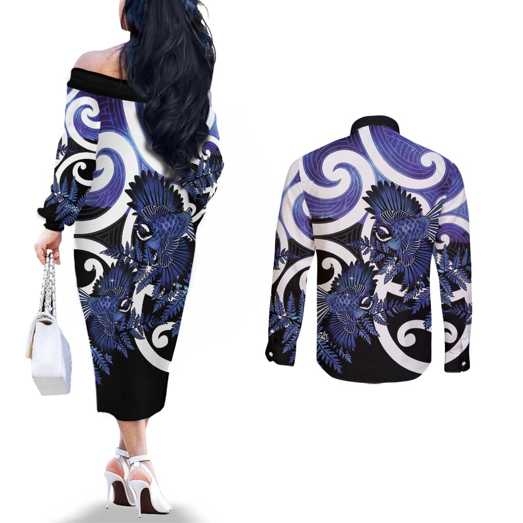 Piwakawaka New Zealand Matariki Couples Matching Off The Shoulder Long Sleeve Dress and Long Sleeve Button Shirt Maori New Year Silver Fern Purple Galaxy