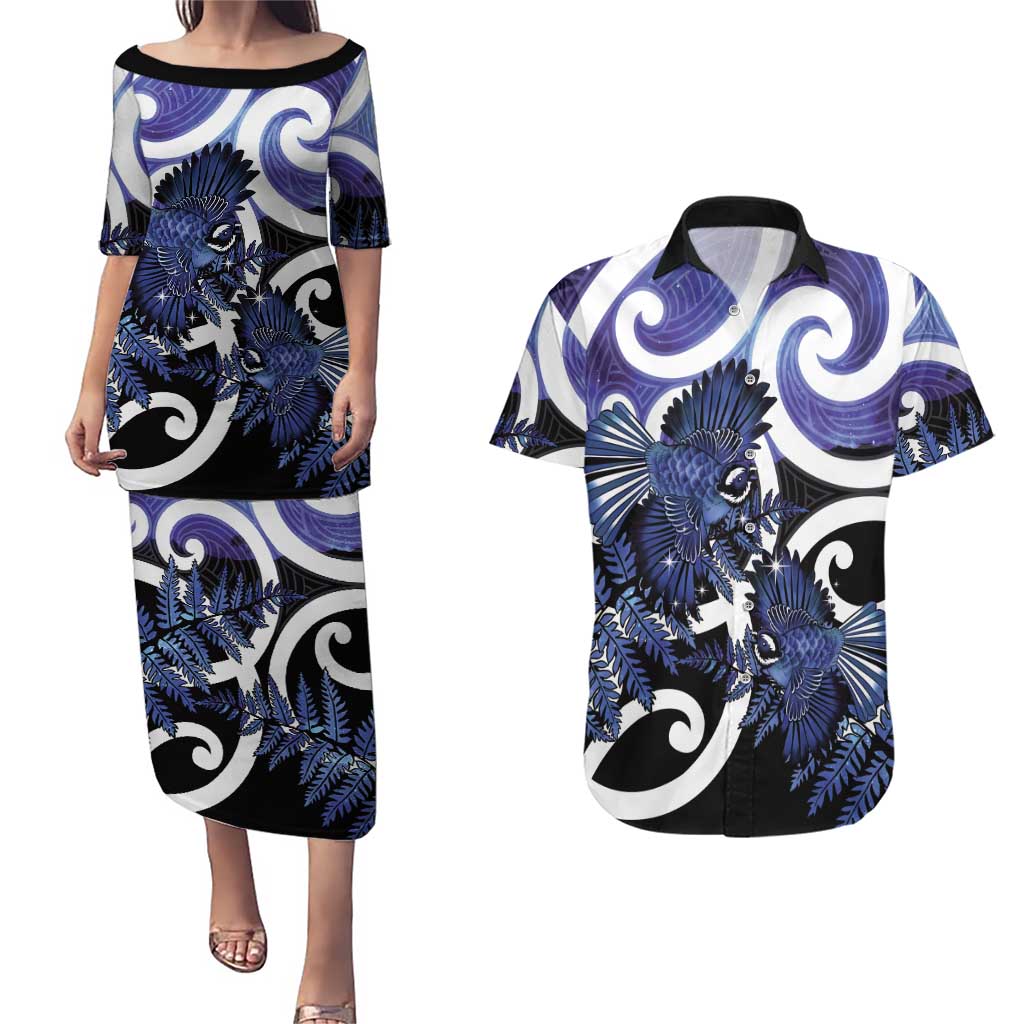 Piwakawaka New Zealand Matariki Couples Matching Puletasi and Hawaiian Shirt Maori New Year Silver Fern Purple Galaxy LT14 Purple - Polynesian Pride