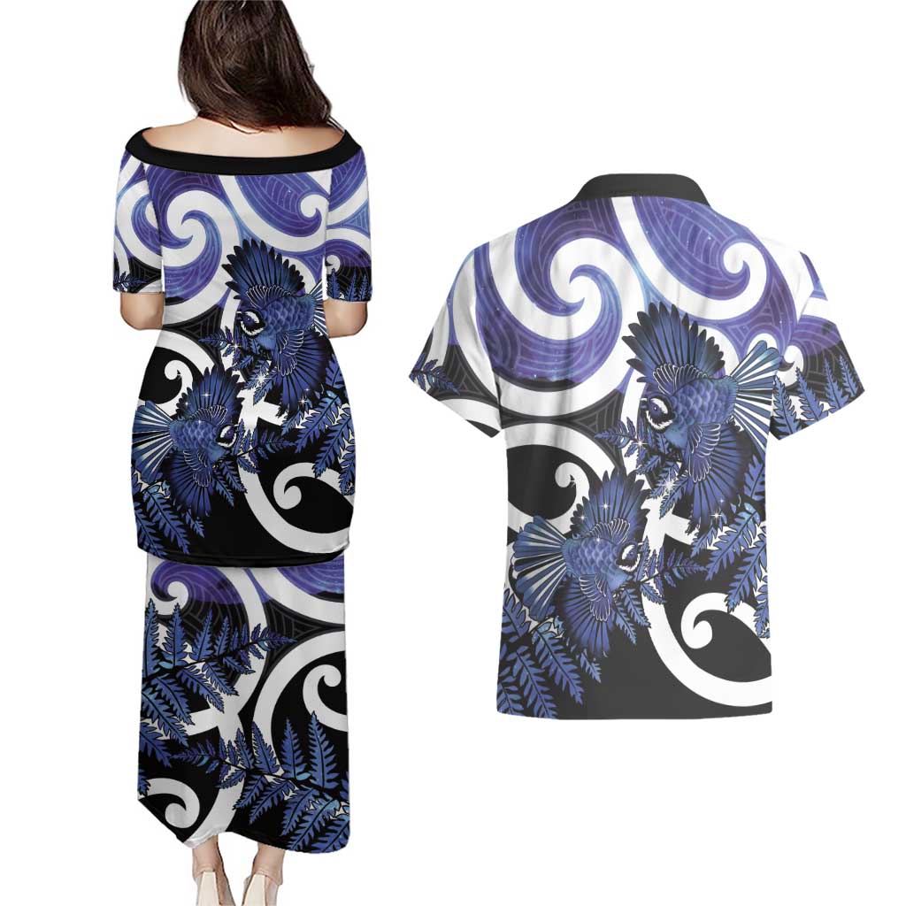 Piwakawaka New Zealand Matariki Couples Matching Puletasi and Hawaiian Shirt Maori New Year Silver Fern Purple Galaxy LT14 - Polynesian Pride