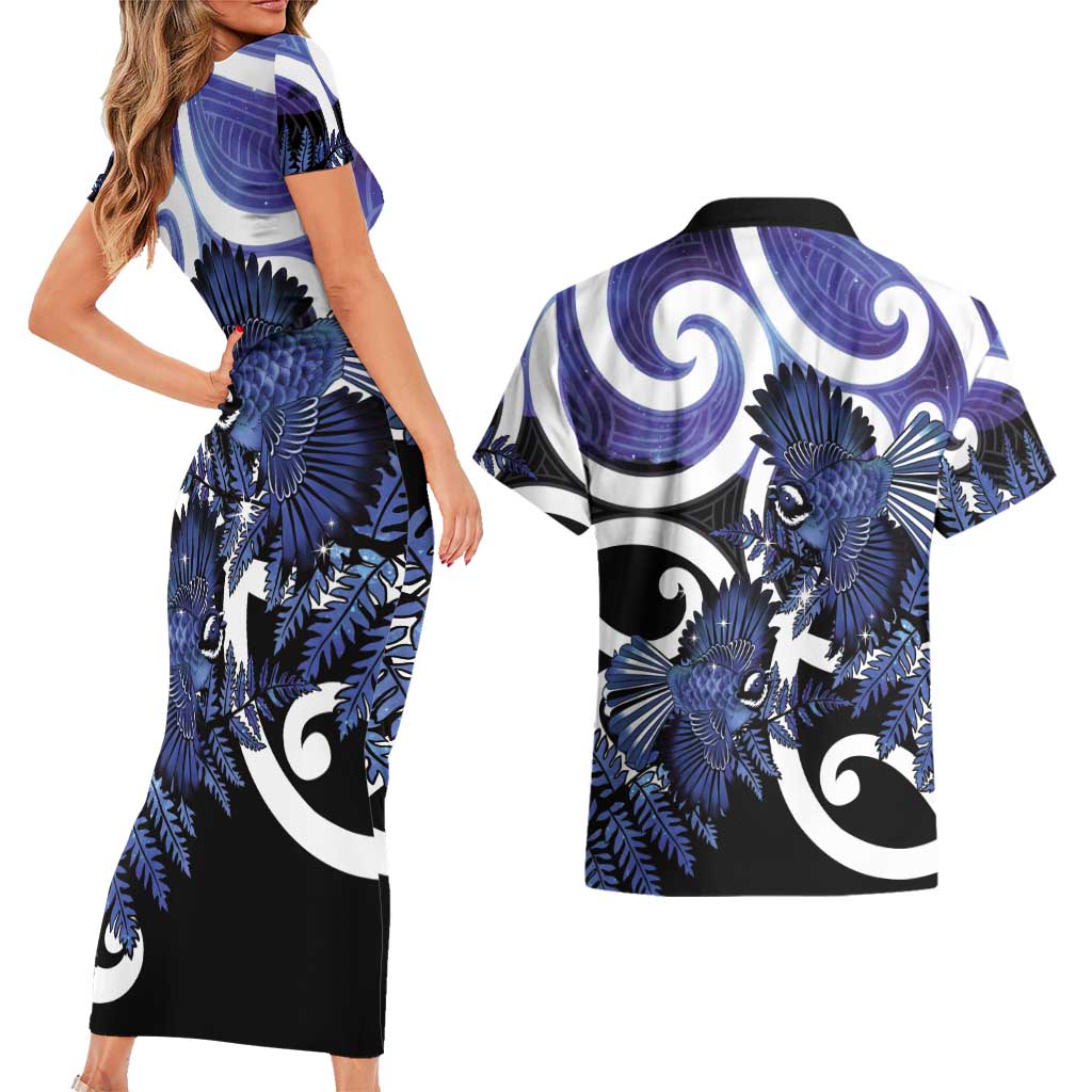 Piwakawaka New Zealand Matariki Couples Matching Short Sleeve Bodycon Dress and Hawaiian Shirt Maori New Year Silver Fern Purple Galaxy