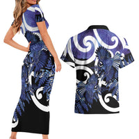 Piwakawaka New Zealand Matariki Couples Matching Short Sleeve Bodycon Dress and Hawaiian Shirt Maori New Year Silver Fern Purple Galaxy