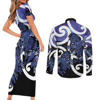Piwakawaka New Zealand Matariki Couples Matching Short Sleeve Bodycon Dress and Long Sleeve Button Shirt Maori New Year Silver Fern Purple Galaxy