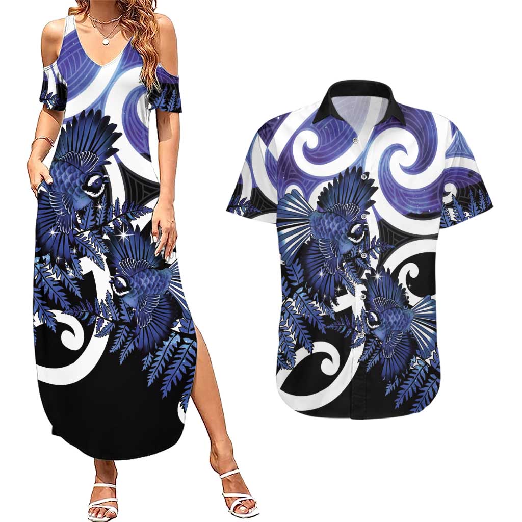 Piwakawaka New Zealand Matariki Couples Matching Summer Maxi Dress and Hawaiian Shirt Maori New Year Silver Fern Purple Galaxy
