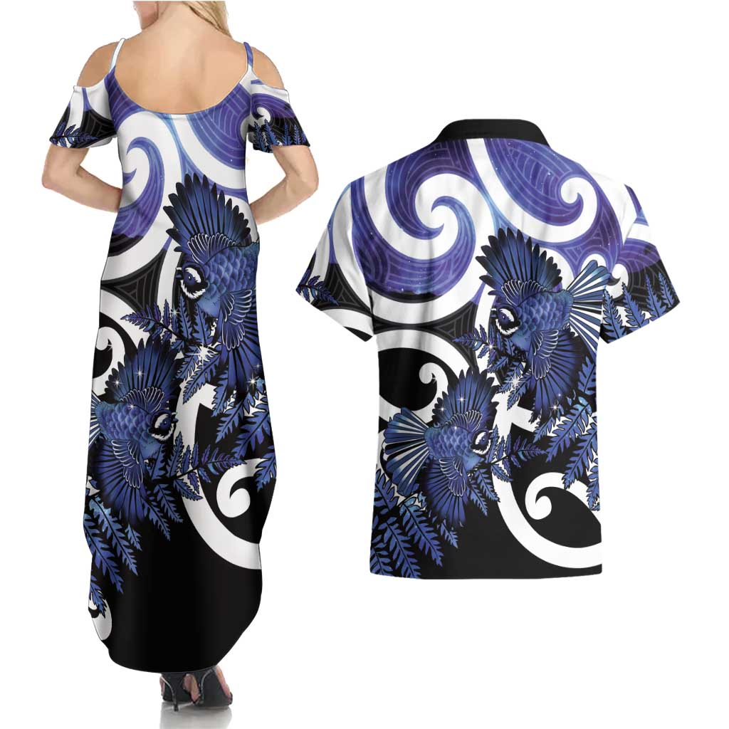 Piwakawaka New Zealand Matariki Couples Matching Summer Maxi Dress and Hawaiian Shirt Maori New Year Silver Fern Purple Galaxy