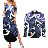 Piwakawaka New Zealand Matariki Couples Matching Summer Maxi Dress and Long Sleeve Button Shirt Maori New Year Silver Fern Purple Galaxy