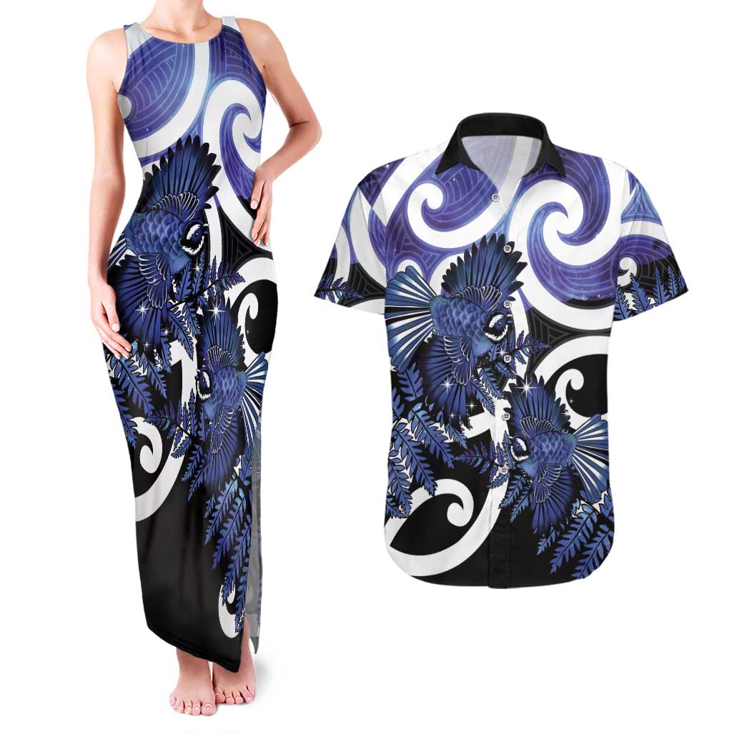 Piwakawaka New Zealand Matariki Couples Matching Tank Maxi Dress and Hawaiian Shirt Maori New Year Silver Fern Purple Galaxy