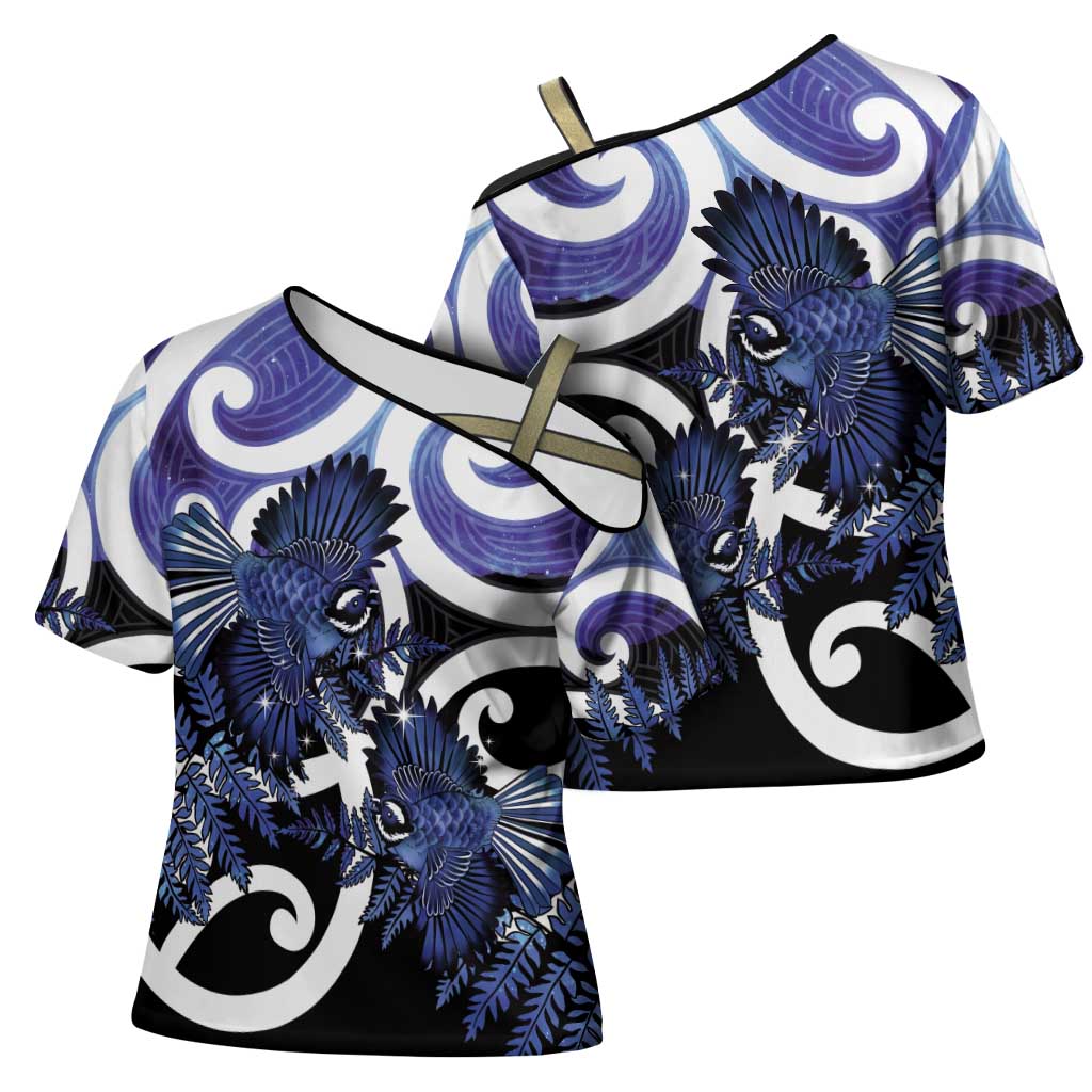 Piwakawaka New Zealand Matariki Cross Shoulder Shirt Maori New Year Silver Fern Purple Galaxy