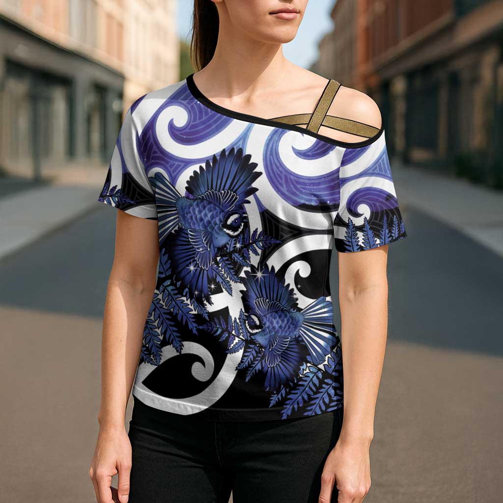 Piwakawaka New Zealand Matariki Cross Shoulder Shirt Maori New Year Silver Fern Purple Galaxy