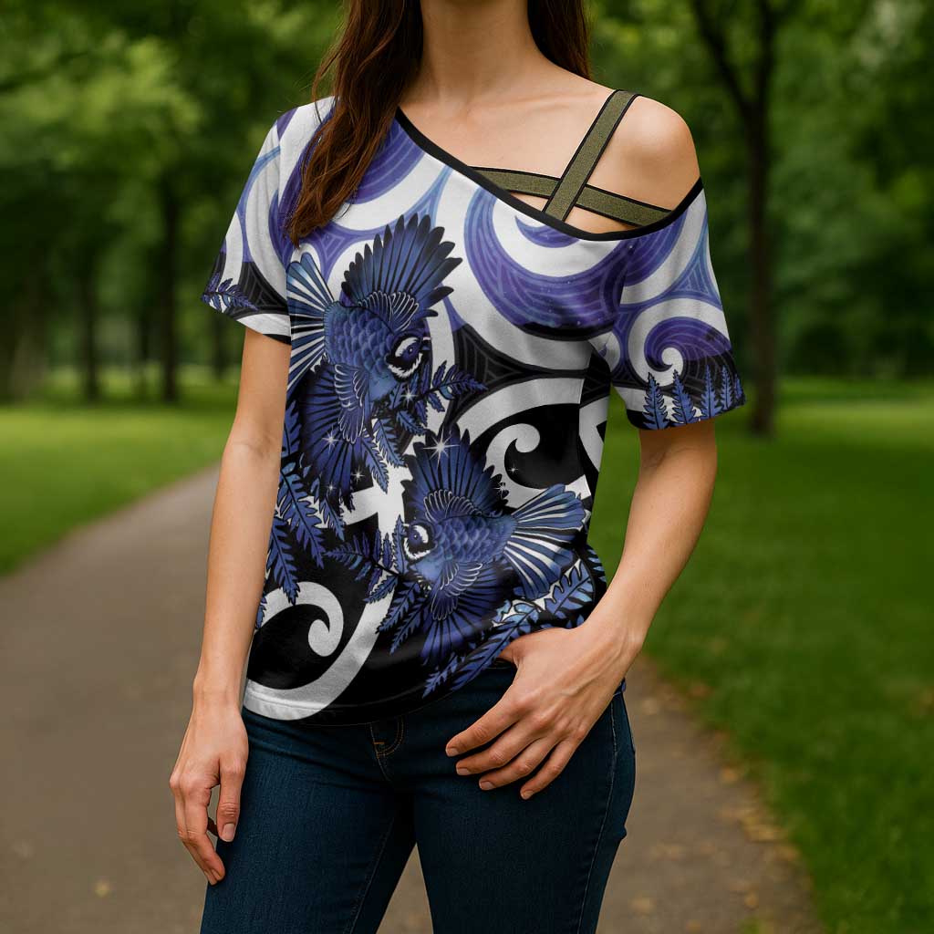 Piwakawaka New Zealand Matariki Cross Shoulder Shirt Maori New Year Silver Fern Purple Galaxy