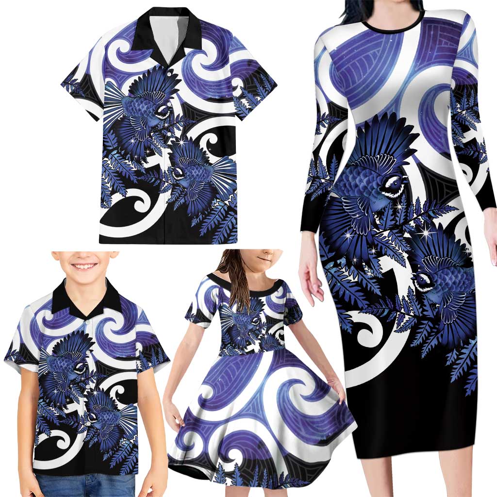 Piwakawaka New Zealand Matariki Family Matching Long Sleeve Bodycon Dress and Hawaiian Shirt Maori New Year Silver Fern Purple Galaxy LT14 - Polynesian Pride