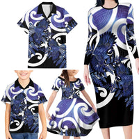 Piwakawaka New Zealand Matariki Family Matching Long Sleeve Bodycon Dress and Hawaiian Shirt Maori New Year Silver Fern Purple Galaxy LT14 - Polynesian Pride