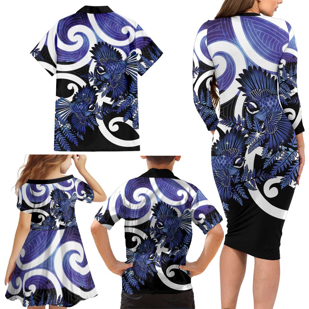 Piwakawaka New Zealand Matariki Family Matching Long Sleeve Bodycon Dress and Hawaiian Shirt Maori New Year Silver Fern Purple Galaxy LT14 - Polynesian Pride