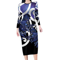 Piwakawaka New Zealand Matariki Family Matching Long Sleeve Bodycon Dress and Hawaiian Shirt Maori New Year Silver Fern Purple Galaxy LT14 Mom's Dress Purple - Polynesian Pride