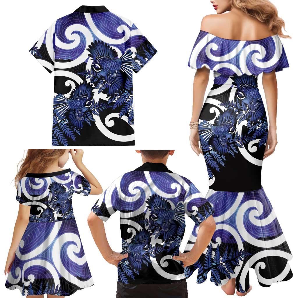 Piwakawaka New Zealand Matariki Family Matching Mermaid Dress and Hawaiian Shirt Maori New Year Silver Fern Purple Galaxy LT14 - Polynesian Pride