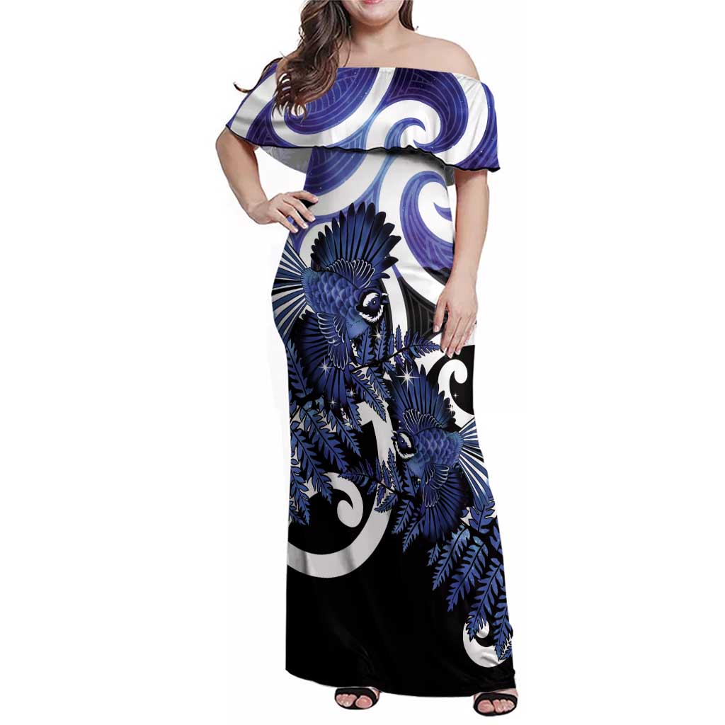 Piwakawaka New Zealand Matariki Family Matching Off Shoulder Maxi Dress and Hawaiian Shirt Maori New Year Silver Fern Purple Galaxy