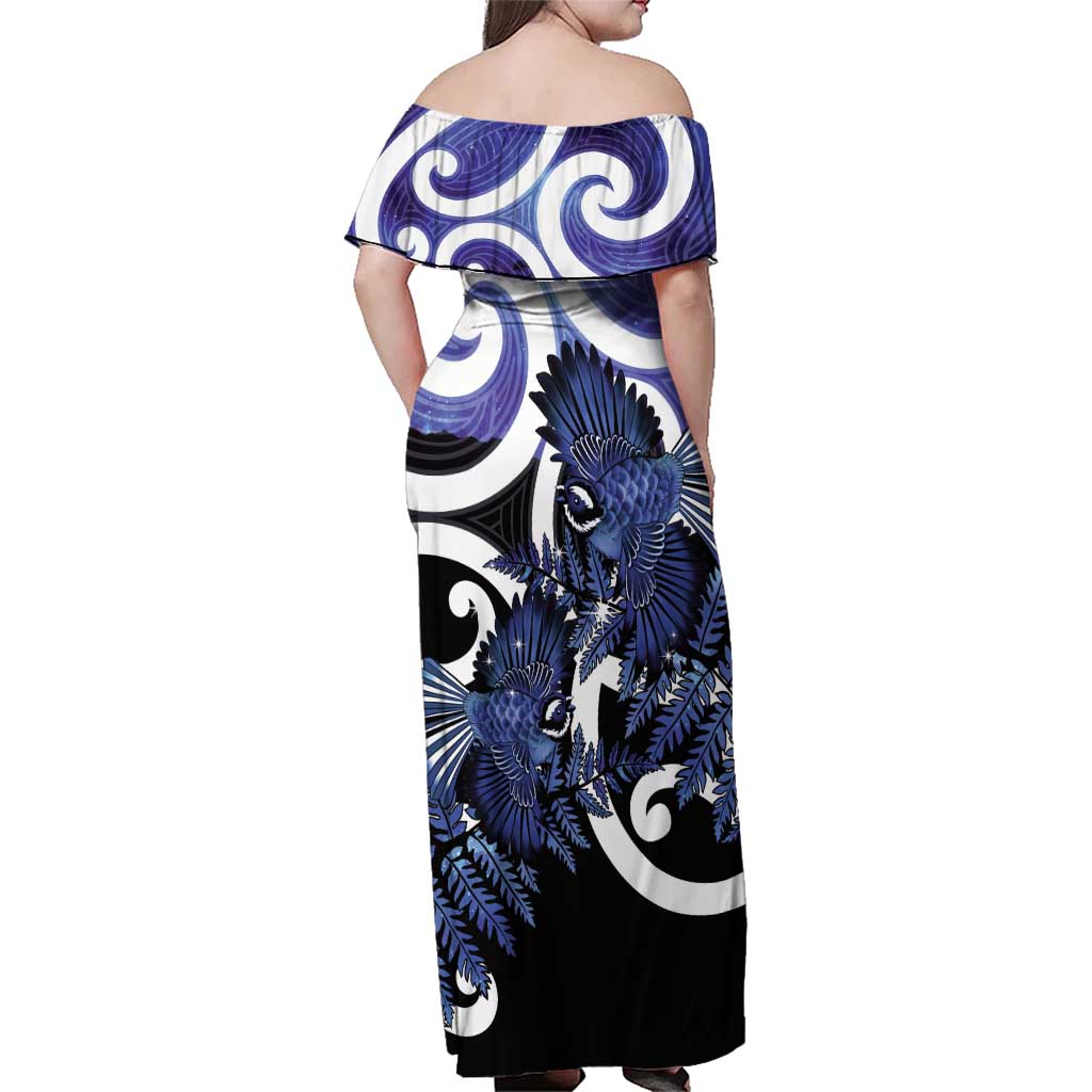 Piwakawaka New Zealand Matariki Family Matching Off Shoulder Maxi Dress and Hawaiian Shirt Maori New Year Silver Fern Purple Galaxy